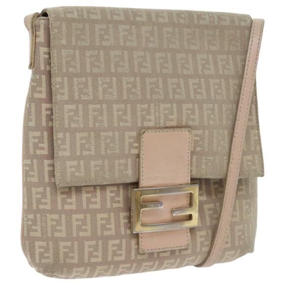 FENDI Zucchino Canvas Shoulder Bag Beige Gold - Picture 1 of 12